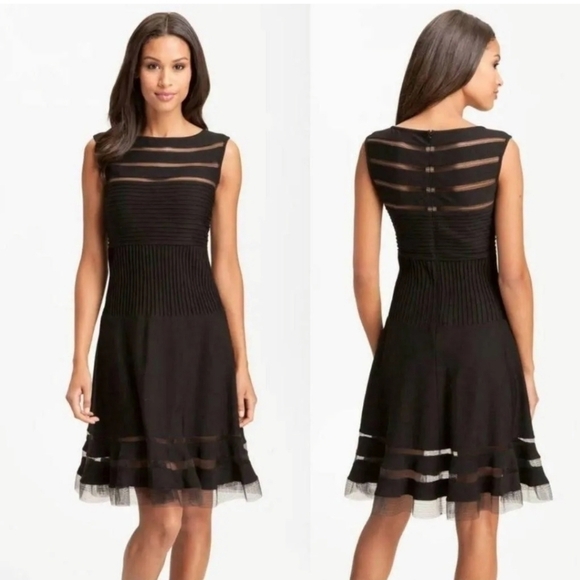 Tadashi Shoji Fit & Flare Sleeveless Illusion Stripes Dress in Black, sz Med Pet - Picture 1 of 16